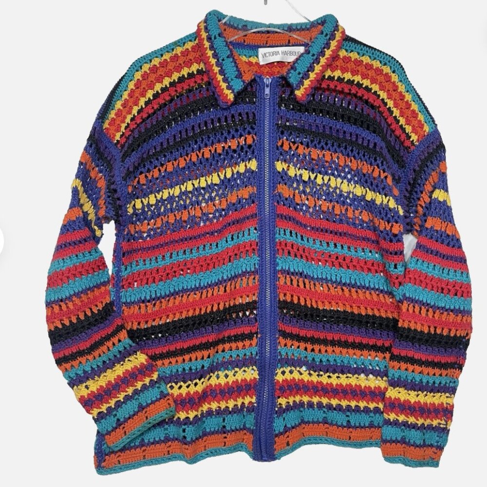 Vintage VICTORIA‎ HARBOUR Rainbow Stripe Cardigan Sweater Crochet Size Medium